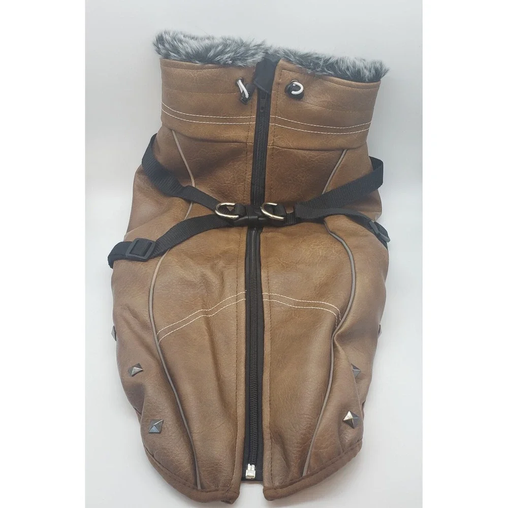 Winter Coat for Dog Coffee Brown Faux Fur Trimming Adjustable Strap Size- XL